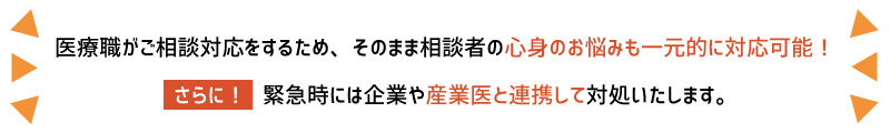 医療職がご相談対応をするため、そのまま相談者の心身のお悩みも一元的に対応可能！さらに！緊急時には企業や産業医と連携して対処いたします。