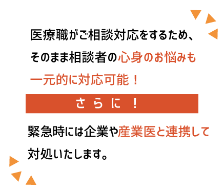 SP版医療職がご相談対応をするため、そのまま相談者の心身のお悩みも一元的に対応可能！さらに！緊急時には企業や産業医と連携して対処いたします。