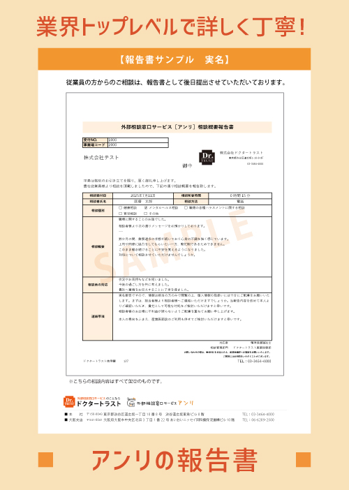 業界トップレベルで詳しく丁寧！外部相談窓口・EAPサービス[アンリ]報告書サンプル